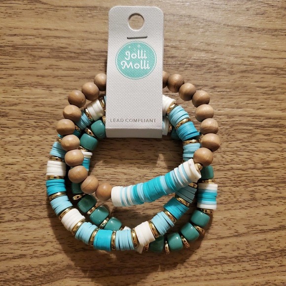 Jolli Molli Bracelet Beaded Turquoise White Brown Gold Stretch Jewelry - Picture 2 of 6